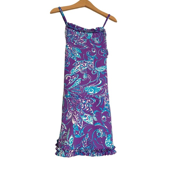 Lands End Girls Ruffle Bodice Tankini Top Wild Violet Tropical Floral Size 10 - Picture 1 of 10